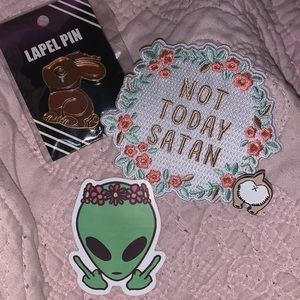 Patch, 2 lapel pins, sticker